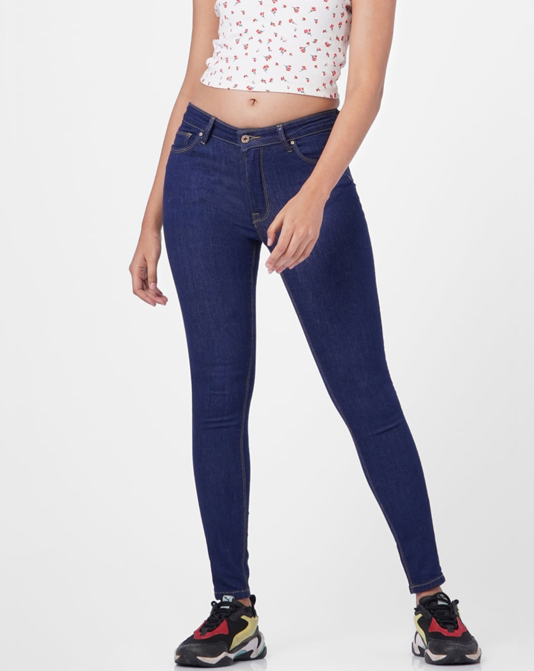 Blue Mid Rise Distressed Skinny Jeans For Women