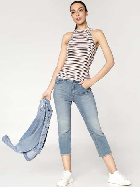 Blue Mid Rise Washed Cropped Jeans