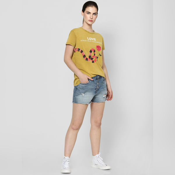 BESTSELLER CLOTHING Mustard Slogan Print T-shirt