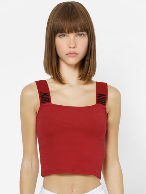 Red Text Strap Cropped Top