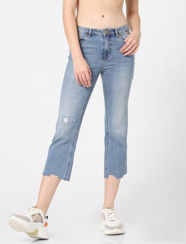 Blue Mid Rise Cropped Straight Fit Jeans