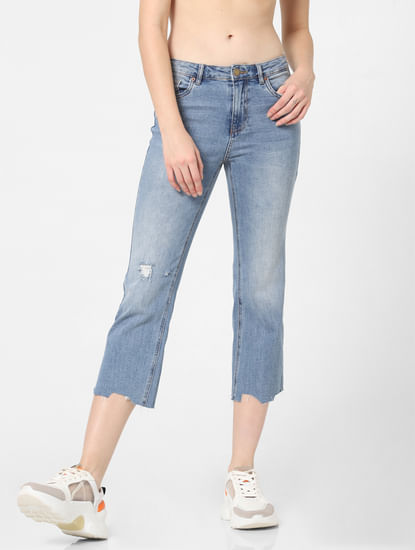 Blue Mid Rise Cropped Straight Fit Jeans