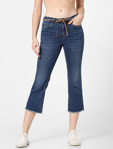 Dark Blue Mid Rise Cropped Flared Jeans