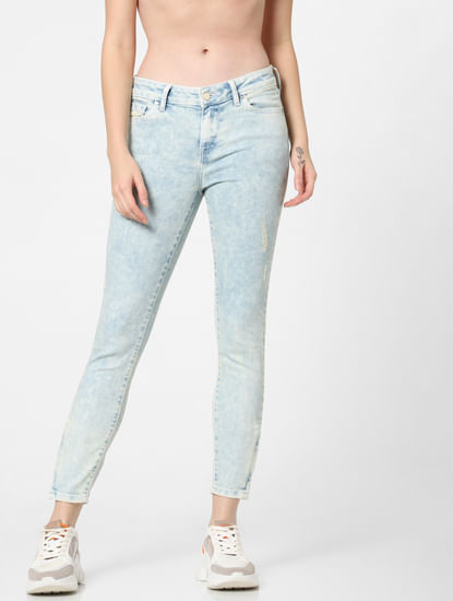 Light Blue Mid Rise Ice Washed Skinny Jeans