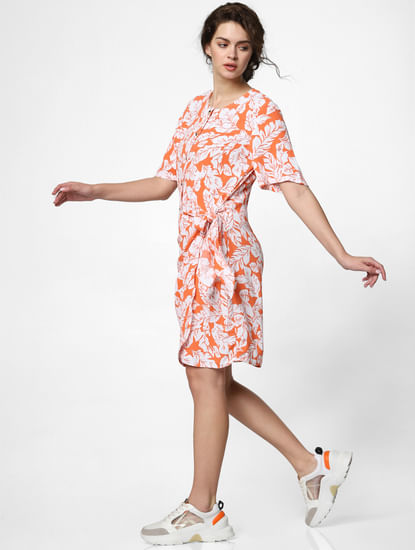 Orange Floral Print Shift Dress