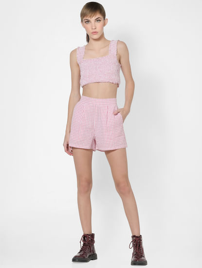 Light Pink Gingham Mid Rise Shorts