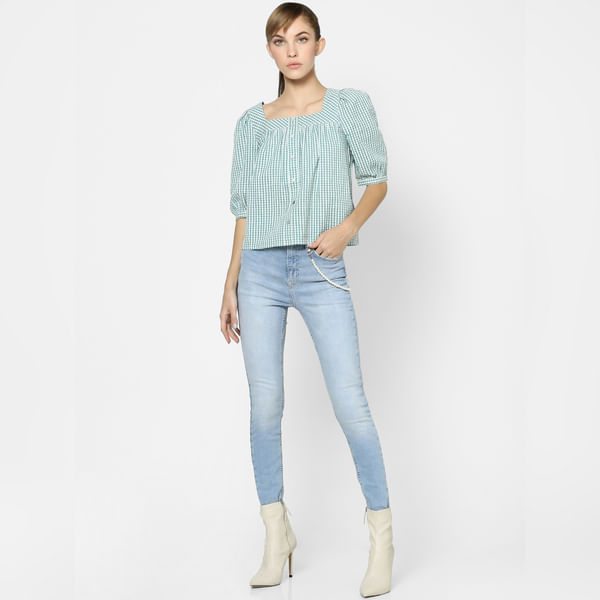 BESTSELLER CLOTHING Green Check Balloon Sleeves Textured Top