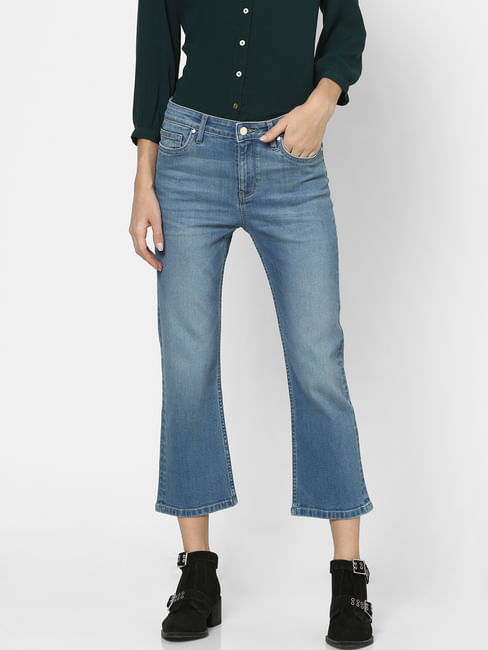 Blue Mid Rise Washed Flared Jeans 