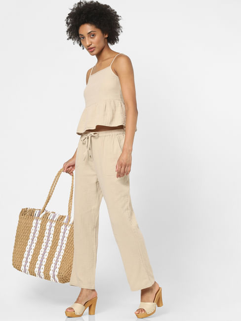 Beige Textured Co-ord Pants