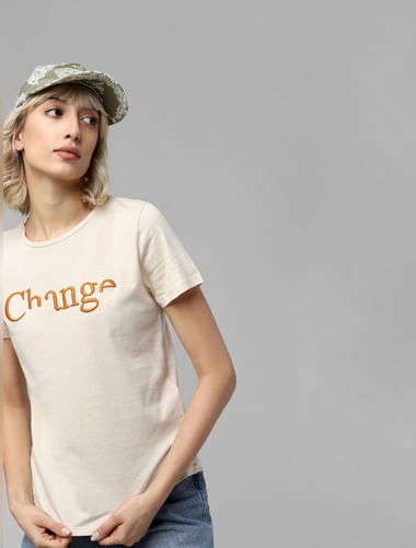 Beige Typographic Print T-shirt