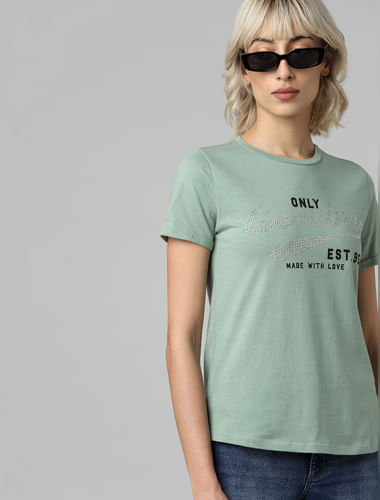 Green Embellished Text Print T-shirt