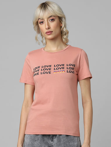 Peach Text Print T-shirt
