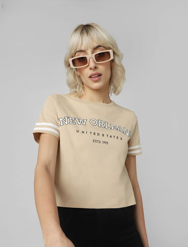 Light Brown Text Print T-shirt