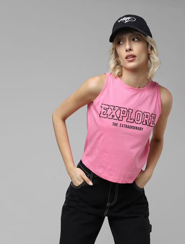 Pink Text Print Sleeveless T-shirt