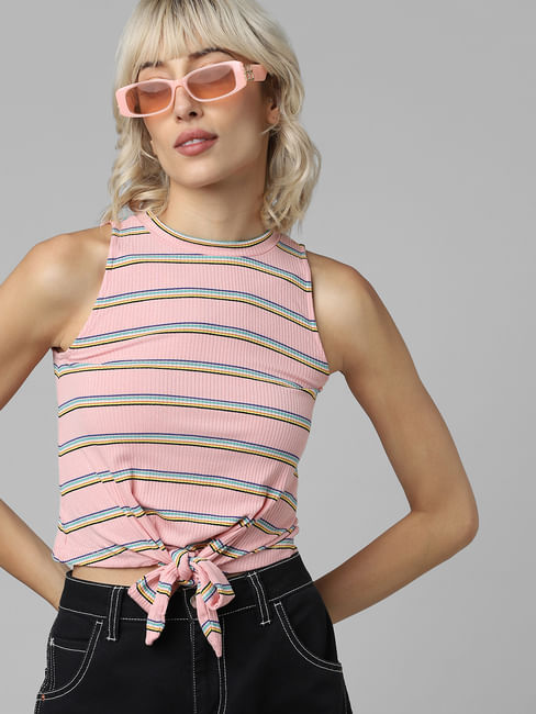 Pink Striped Tie Up Top