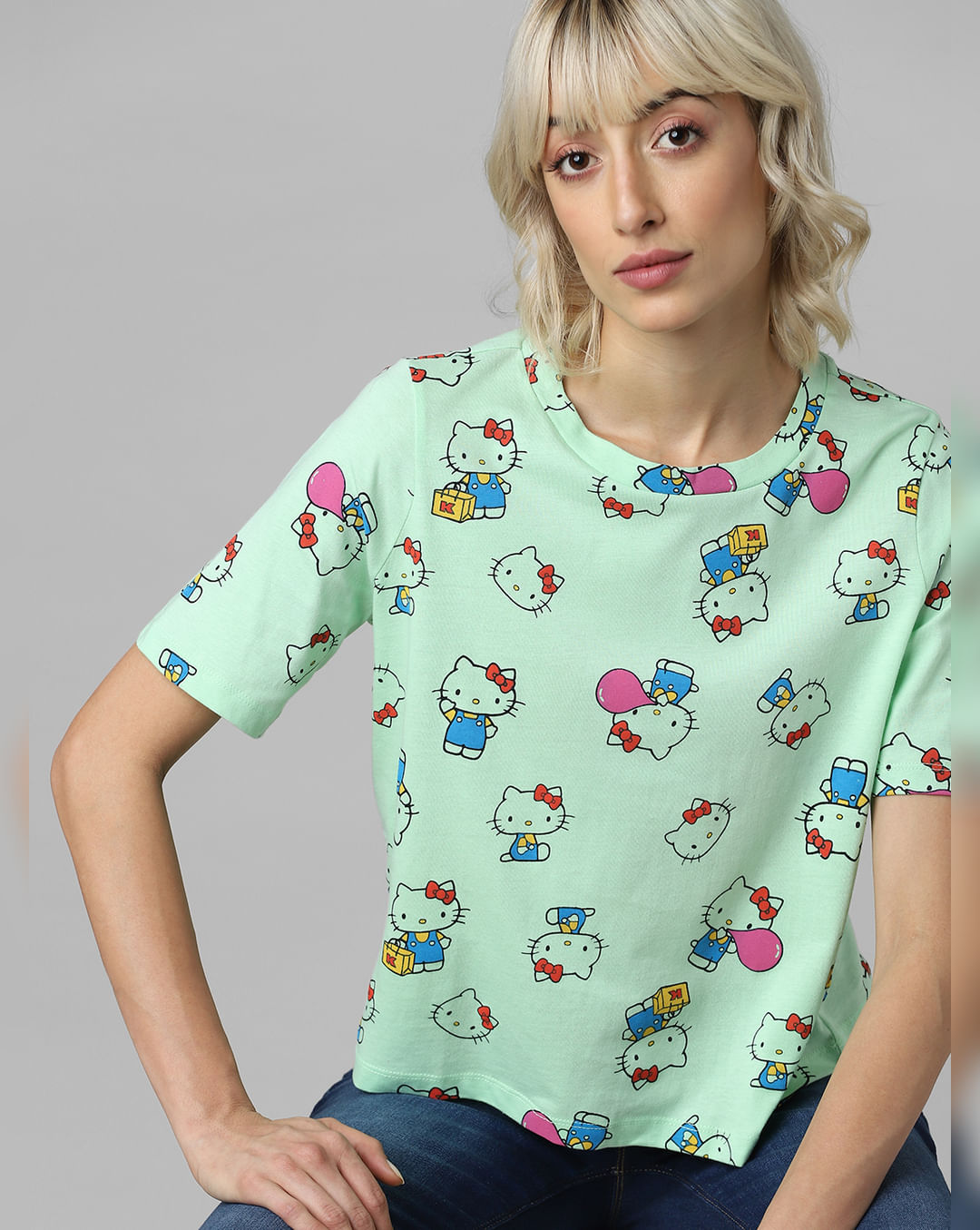 Buy Hello Kitty Green Graphic Print T-shirt for Women, ONLY