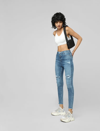 UNIQUE Blue High Rise Distressed Skinny Jeans