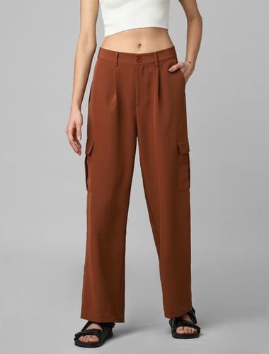 Brown Mid Rise Twill Cargo Pants