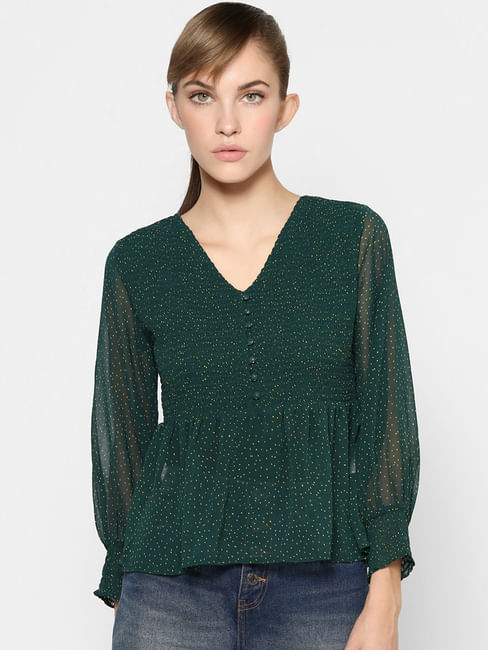 Green All Over Print Smocked Top