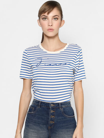 Blue Striped Embroidery Text Print T-shirt