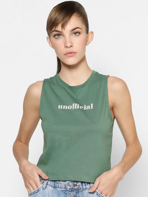 Green Text Print Sleeveless T-shirt