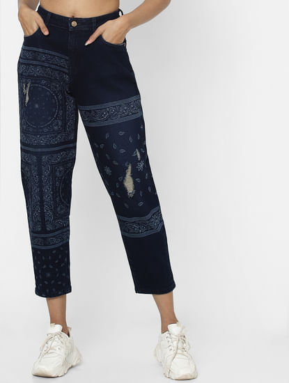 Blue Mid Rise Paisley Print Relaxed Jeans 