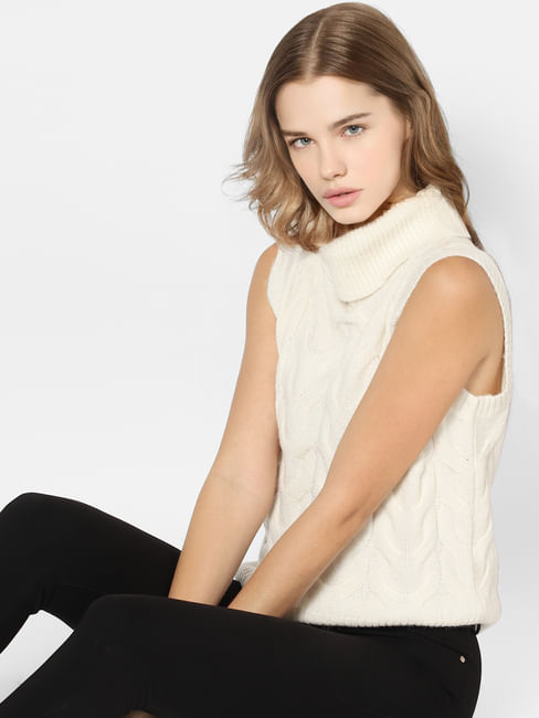 White Sleeveless Cable Knit Vest