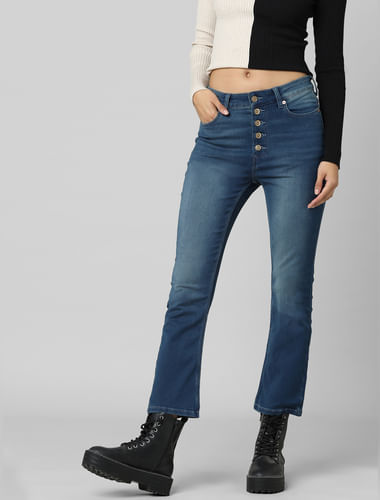 BLUE HIGH RISE WASHED FLARED JEANS