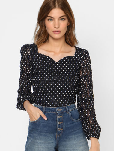 Black Dotted Sweetheart Neck Top