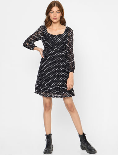 Black Dotted Fit & Flare Lace Dress 