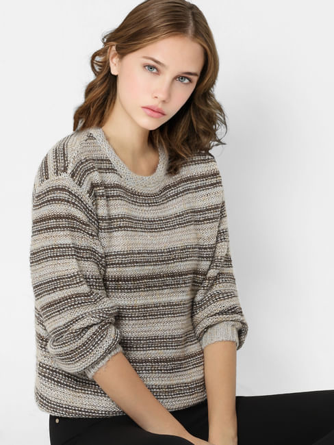 Grey Striped Knit Pullover 
