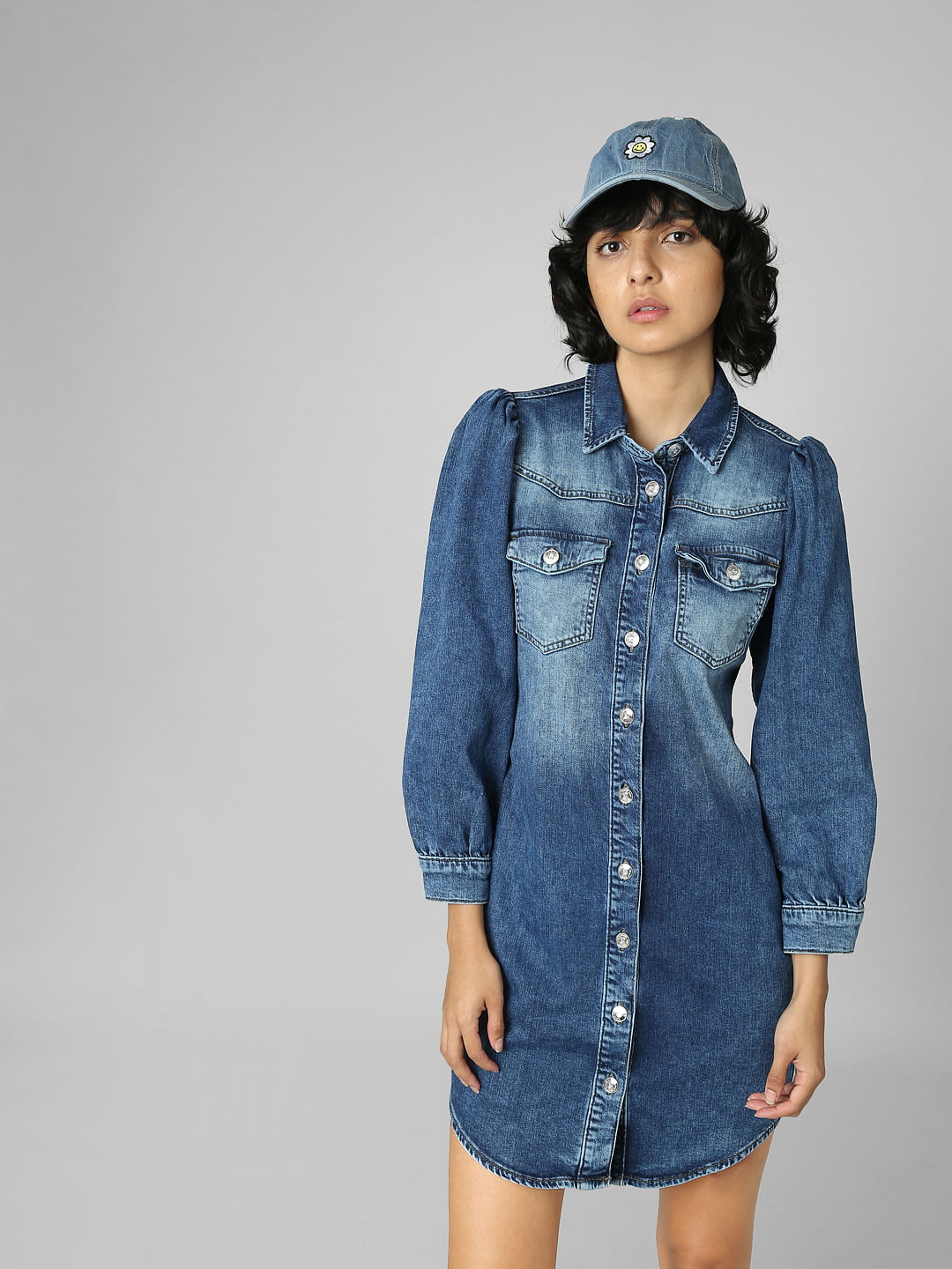 Women's Blue Solid Denim Shirt Dress
