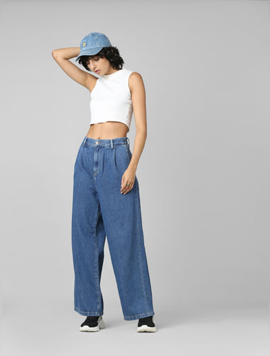Blue Mid Rise Pleated Wide Leg Jeans