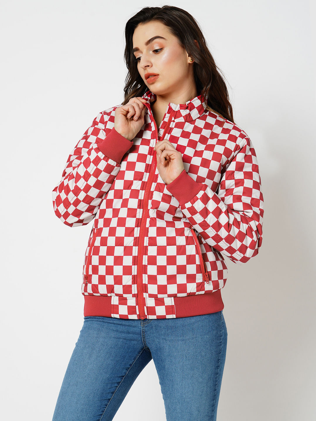 Red and clearance white puffer jacket