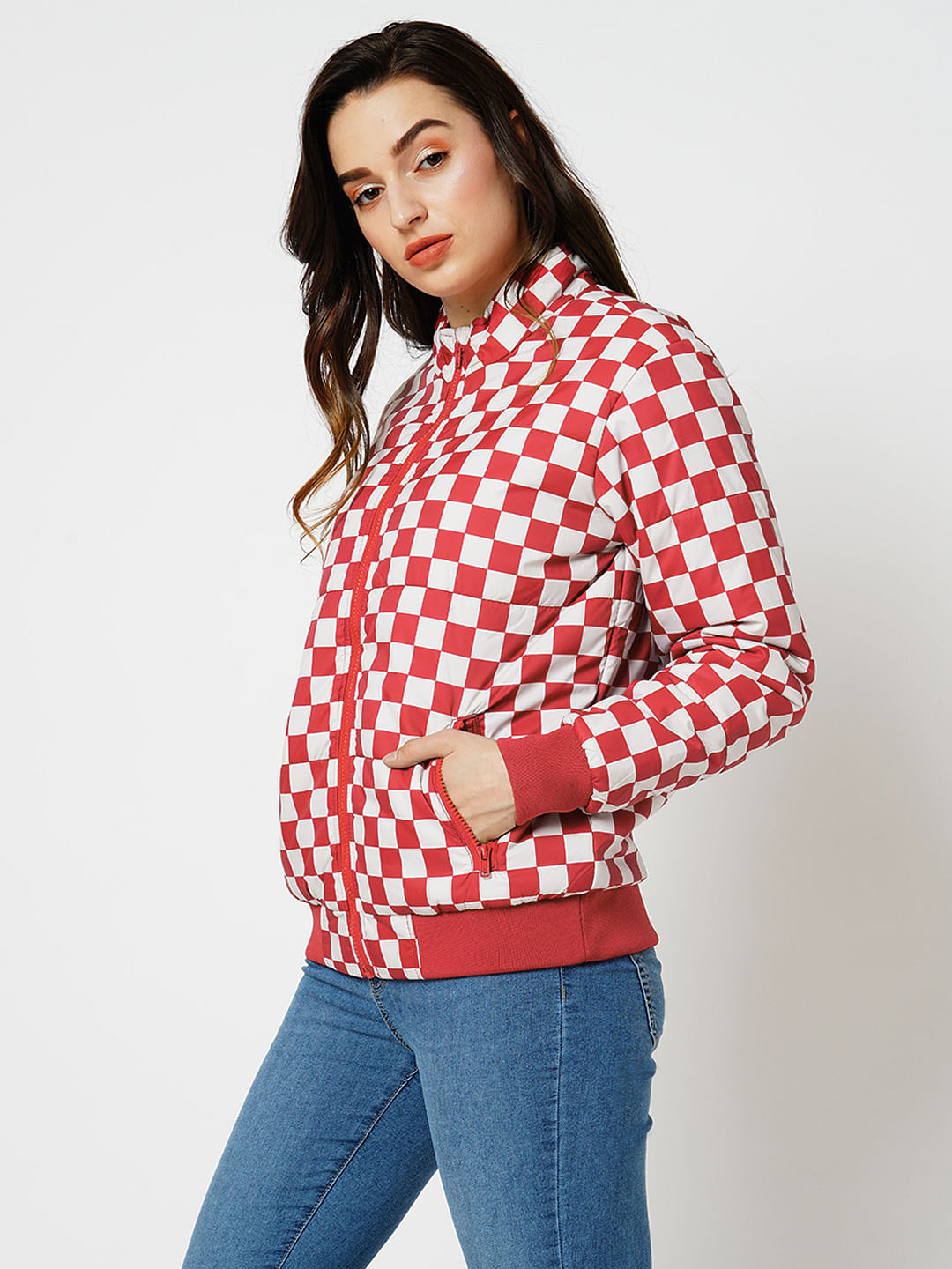 Checked puffer jacket on sale womens