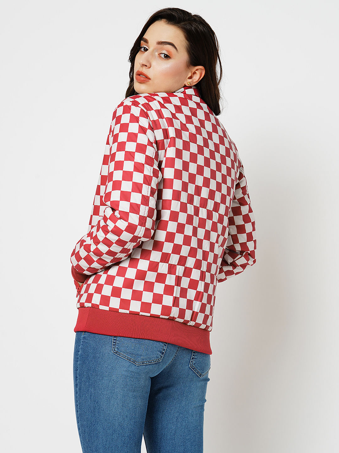 Cropped check outlet puffer jacket