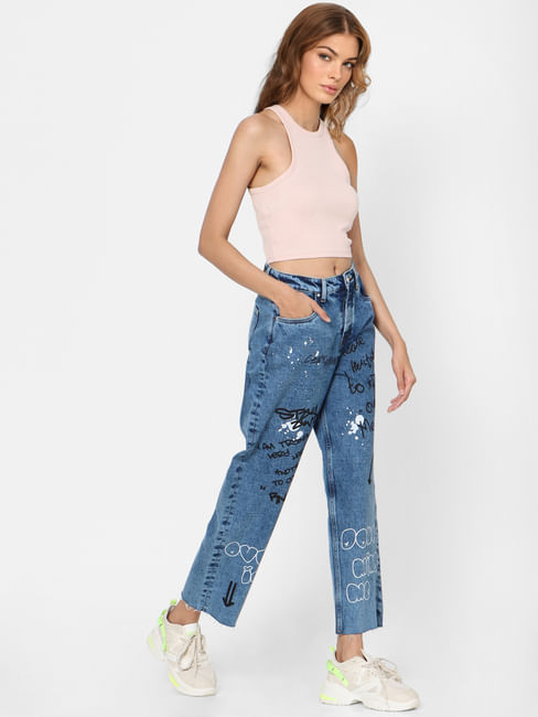 Blue High Rise Printed Straight Fit Jeans 