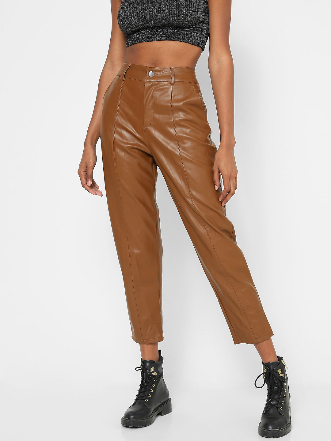 Twenty Dresses by Nykaa Fashion Olive Green Straight Fit Faux Leather Pants:  Buy Twenty Dresses by Nykaa Fashion Olive Green Straight Fit Faux Leather  Pants Online at Best Price in India |
