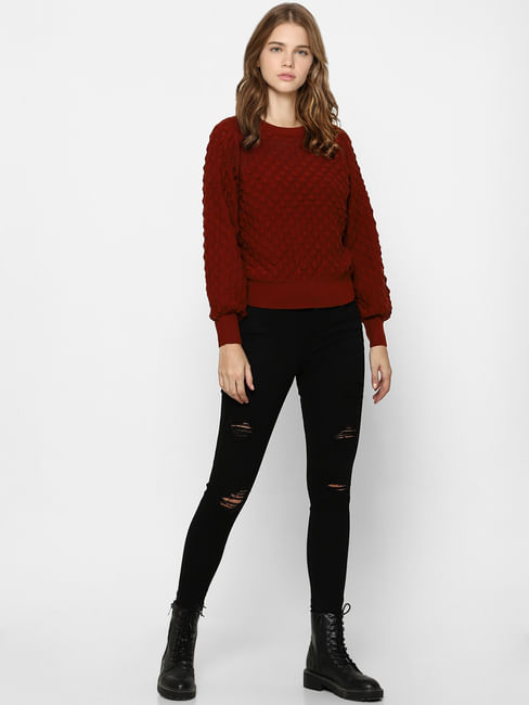 Red Jacquard Knit Pullover