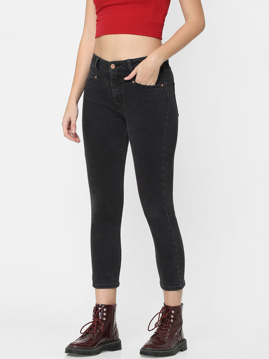 low rise black straight leg jeans
