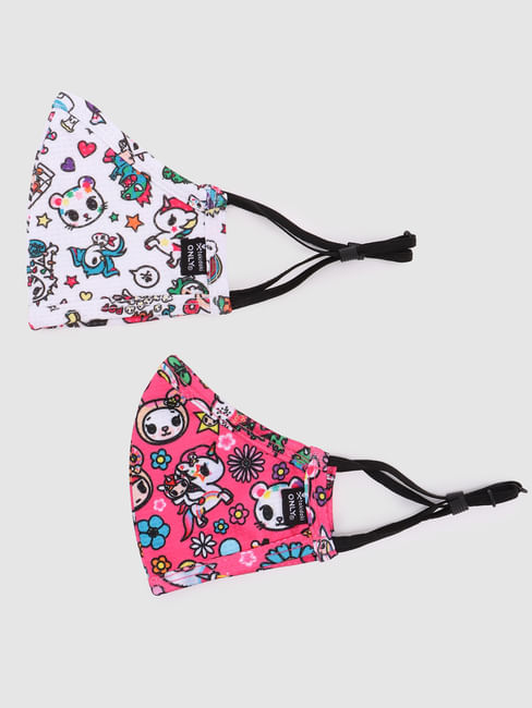 White & Pink Graphic Print Mask - Pack of 2 