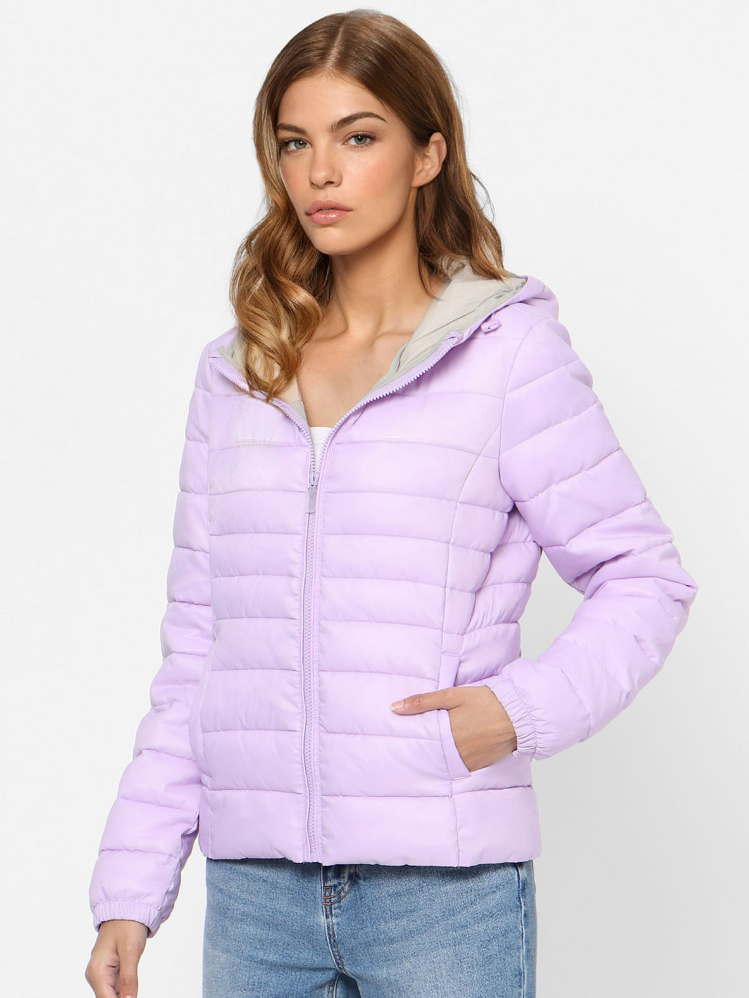 pink and purple puffer jacket