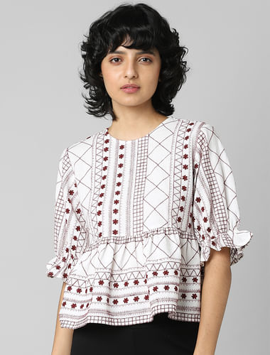 White Embroidered Flared Top