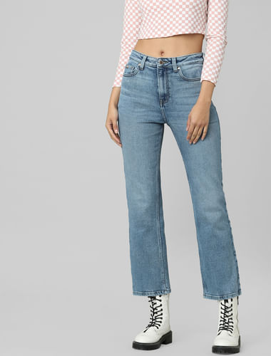 Blue Mid Rise Cropped Flared Jeans