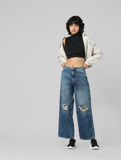 Blue High Rise Distressed Wide Leg Jeans