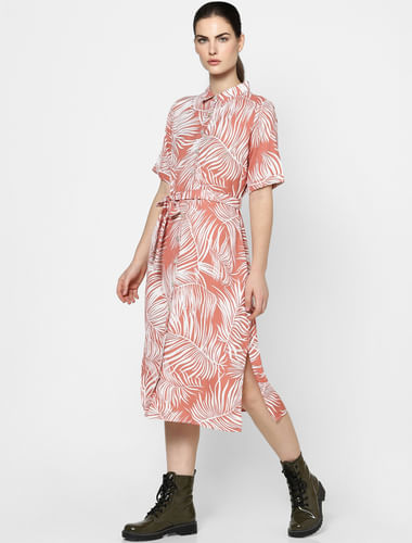 Peach Tropical Print Shirt Dress