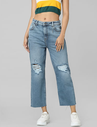 Blue Mid Rise Distressed Dad Jeans