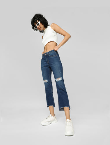 Blue Mid Rise Ripped Flared Jeans