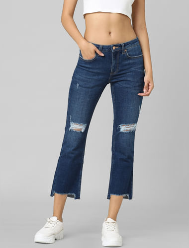 Blue Mid Rise Ripped Flared Jeans