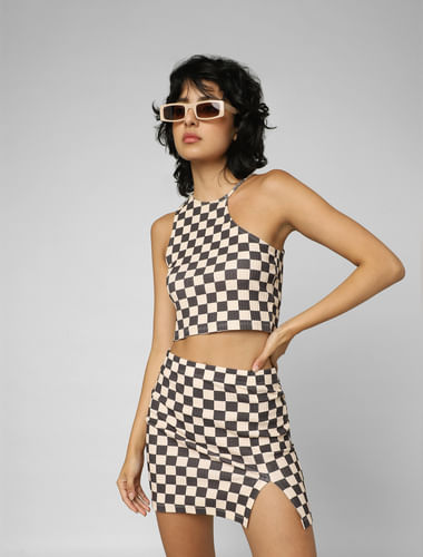 Beige Check Co-ord Crop Top